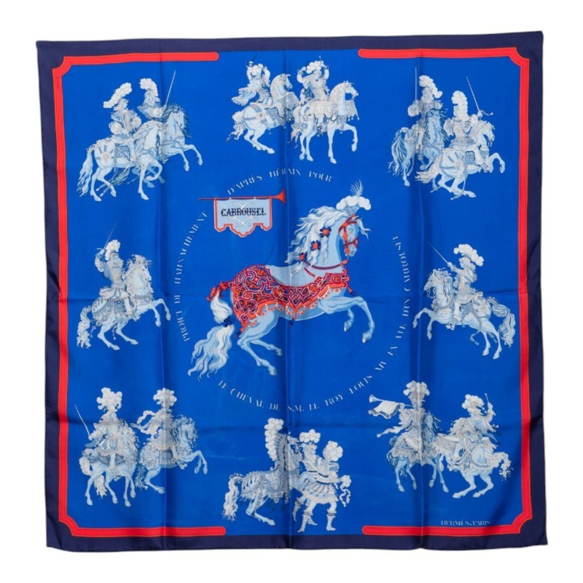 Hermes Carre 90 Carrousel Merry-Go-Round Scarf/Muffler, Large Size, Blue Tone...